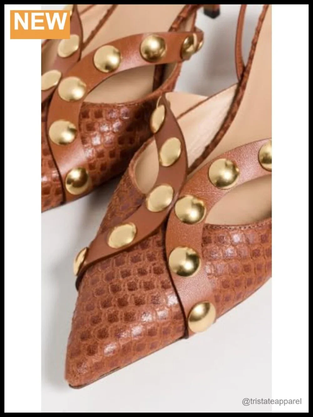 Croc-Embossed Kitten Heel Pointed Toe Slip On Pumps with Gold-Tone Studded